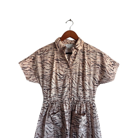 Olivia by Livro Tiger Stripe Cotton Button Front Midi Dress Tan Black XS - Picture 3 of 8